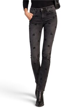 Pinko Minou 12 Jeans 25 Black Cat Embroidered Skinny Slim Stretch Italy